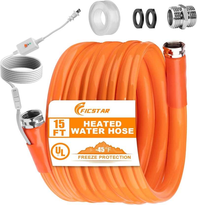Ficstar 15FT Heated Drinking Water Hose for RV, Heated Water Hose Antifreeze to -45°F, 5/8" I.D. with 3/4" GHT Adapter, Lead and BPA Free,No Odor - Image 1